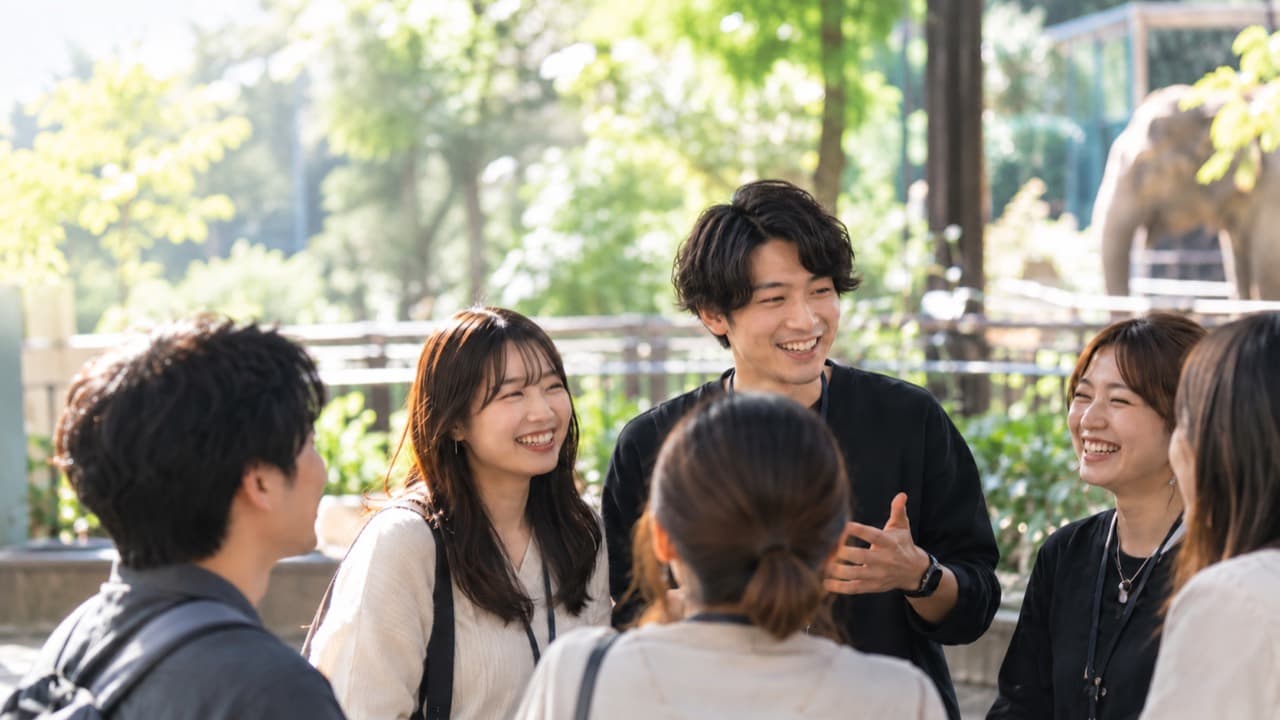 屋外で会話する人たち