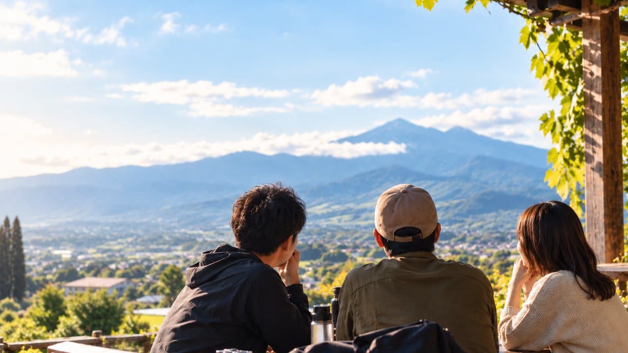 山の景色を眺めながら話す3人の後ろ姿